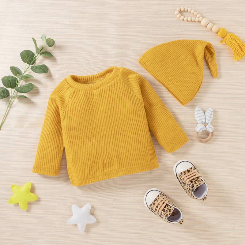 Baby BoyGirl 3pcs Solid Ribbed Long-sleeve and Trouser Set: Army green / 3-6 Months