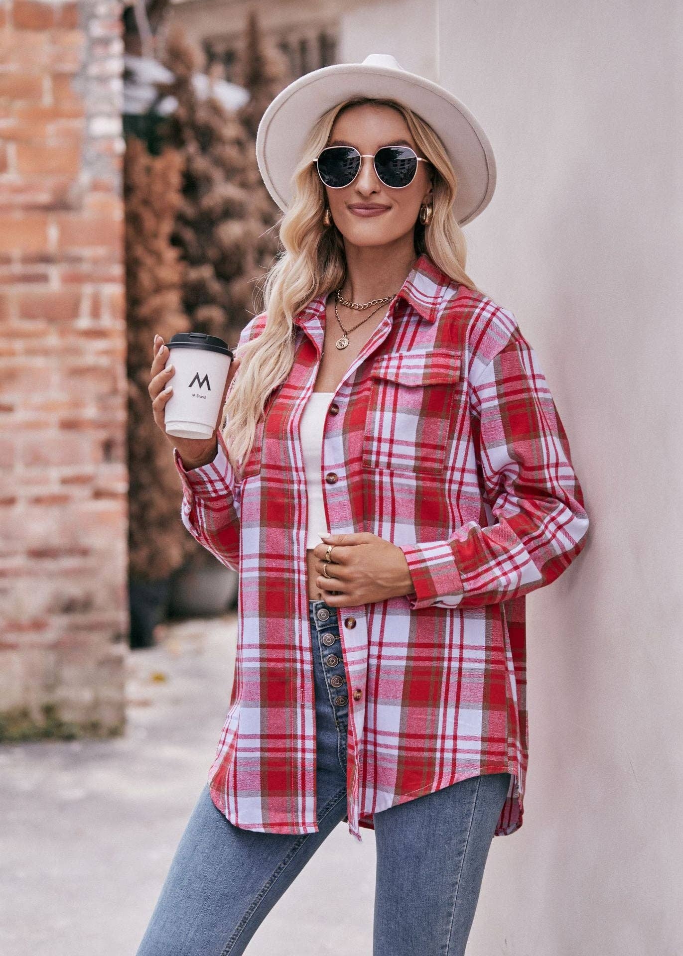 Women's Casual Fashion Oversized Loose Plaid Shirt: Caramel / 100%Polyester / XL