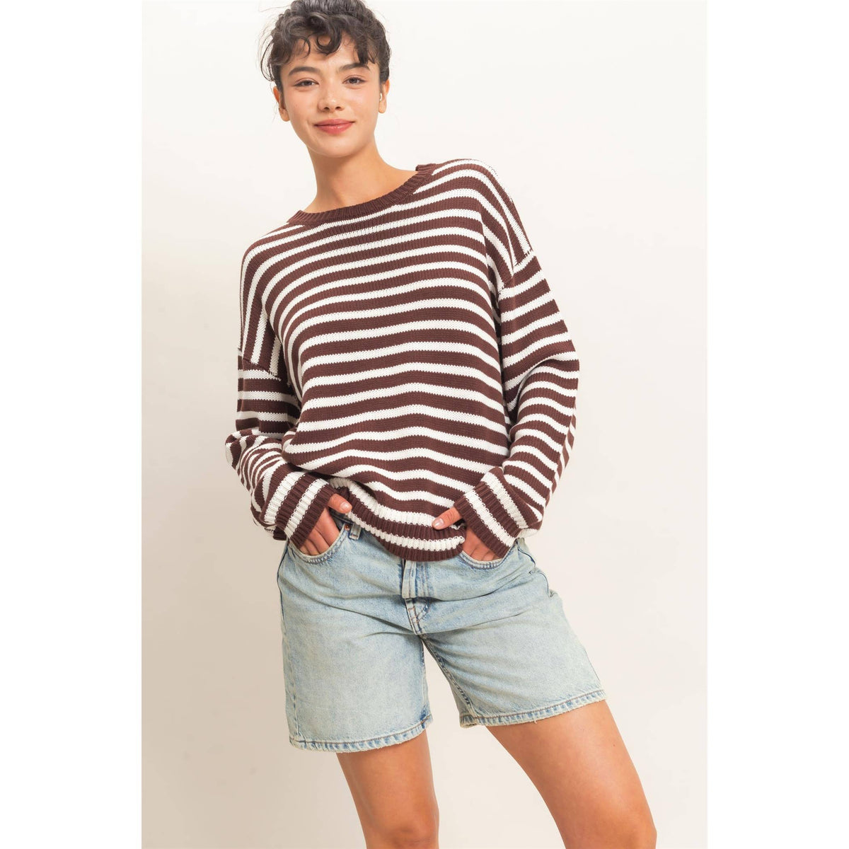 Striped Crew Neck Sweater - Dark Brown