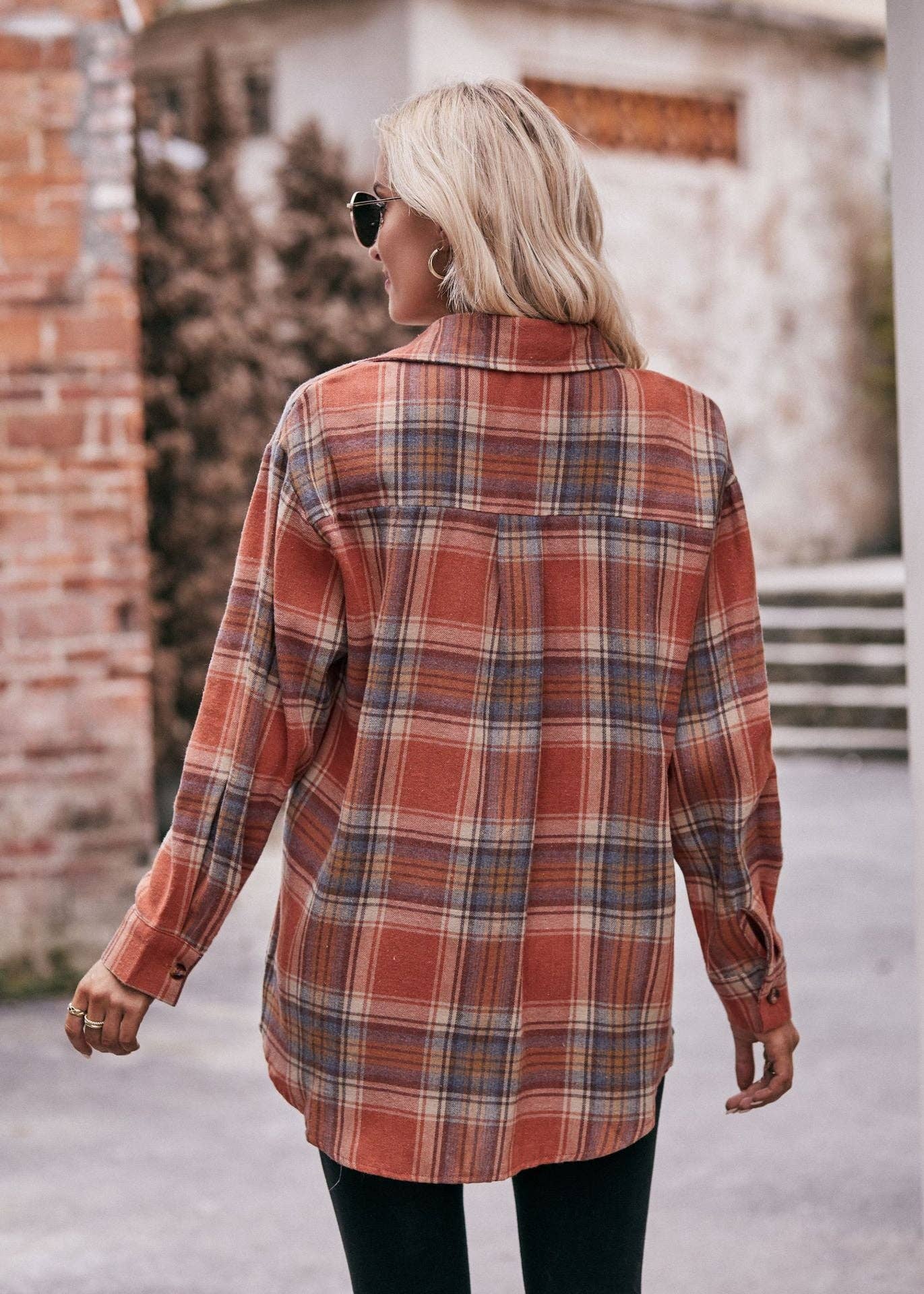 Women's Casual Fashion Oversized Loose Plaid Shirt: Caramel / 100%Polyester / XL