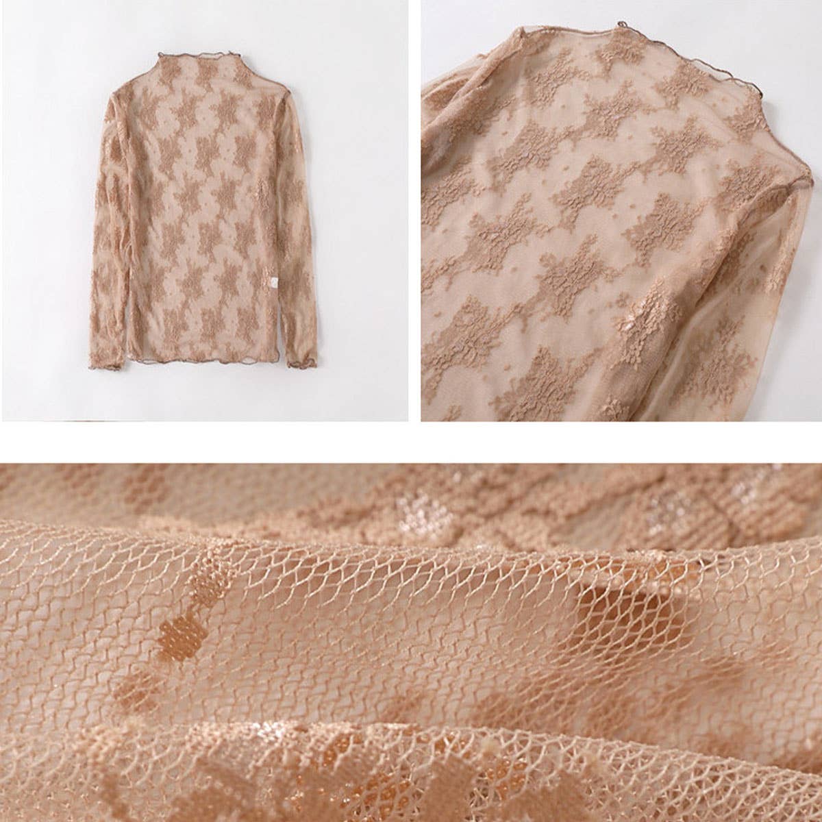 Sexy Mesh Blouse - Long Sleeve Lace Top for Women_CWTBLL3619: APRICOT / (M) 1