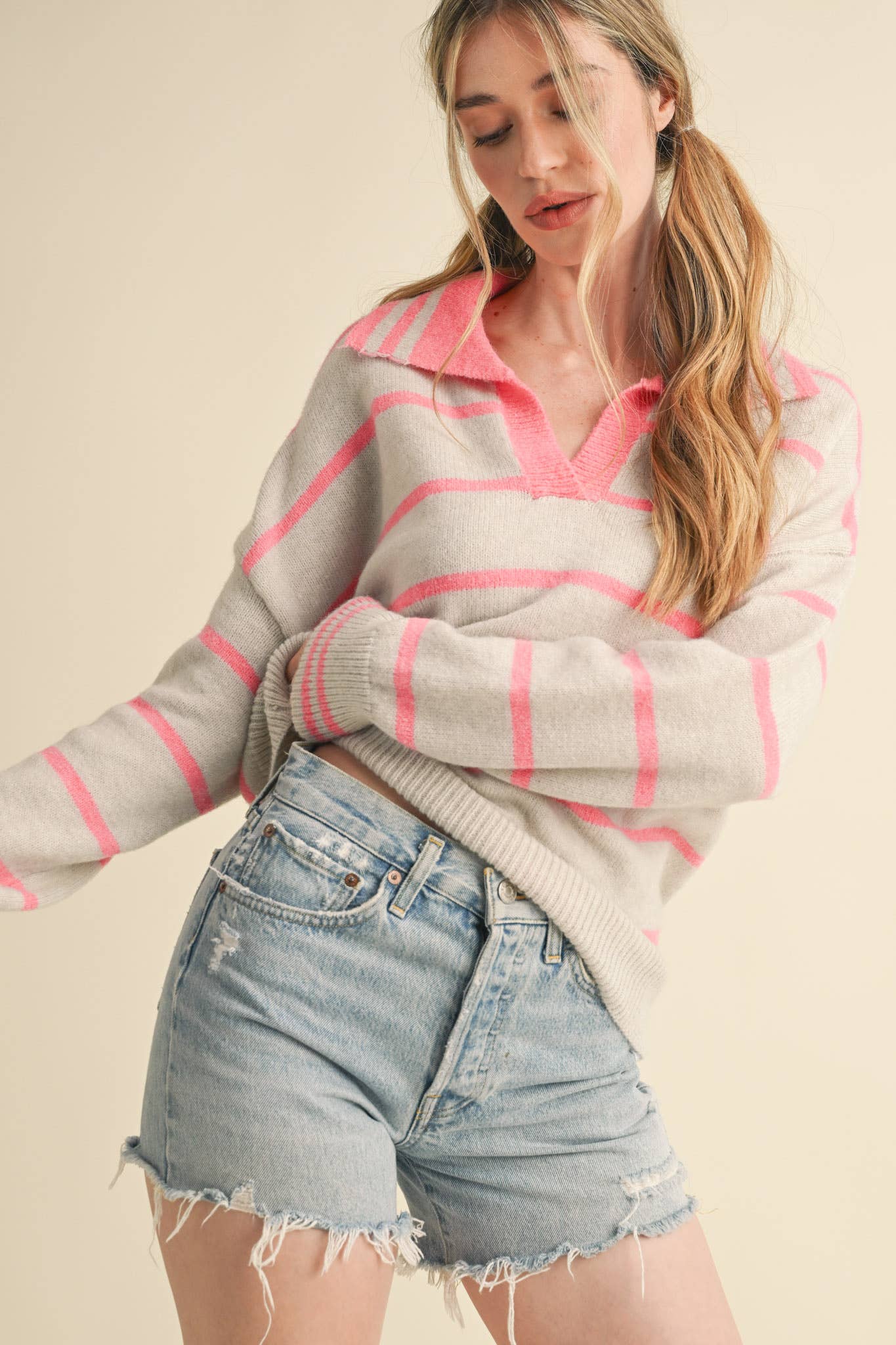 Lindsey Striped Collar Sweater Candy Pink/Gray