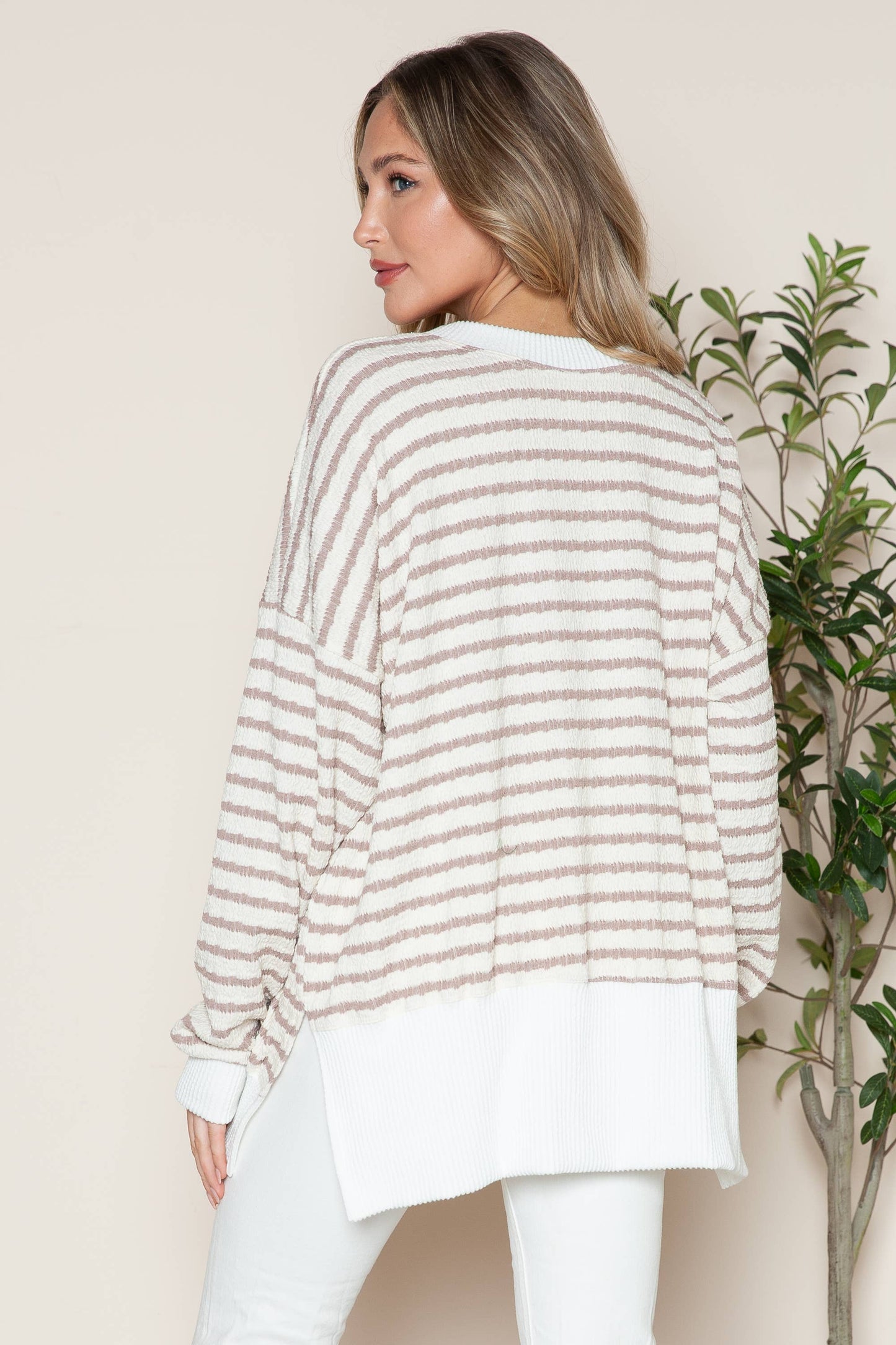 Avery Cotton Stripe Tunic With Side Slits - Taupe