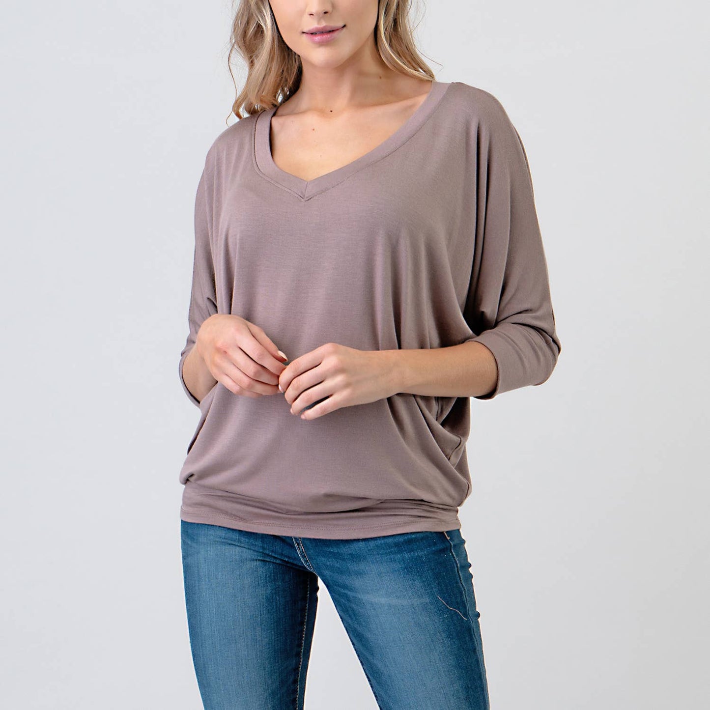 Bethany 3/4 Dolman Sleeve V-neck Modal Jersey Top: Ash Brown