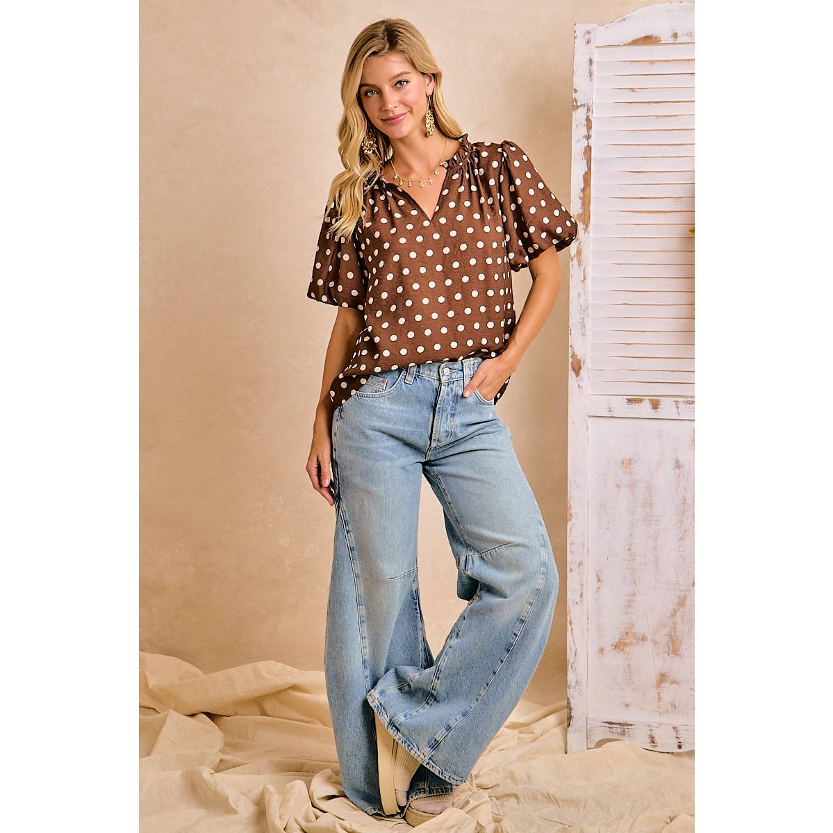 Jenna Polka Dot Woven Top - Dark Mocha