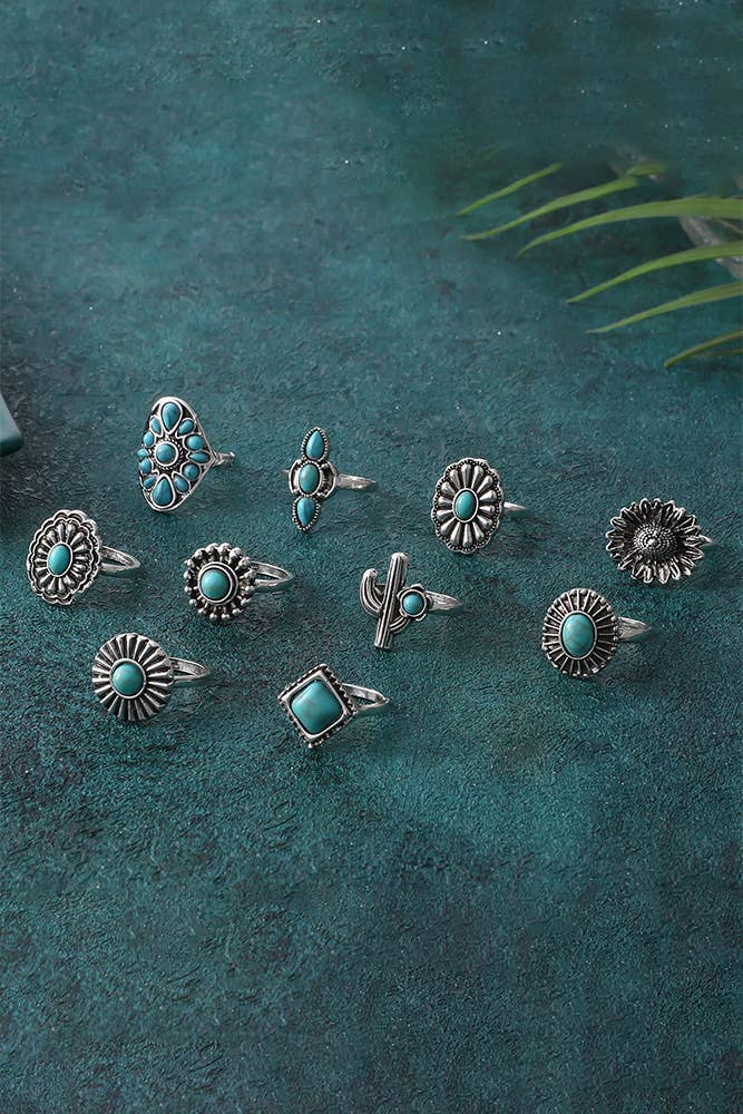 Turquoise Alloy Rings Set ZK236: 01 / One Size