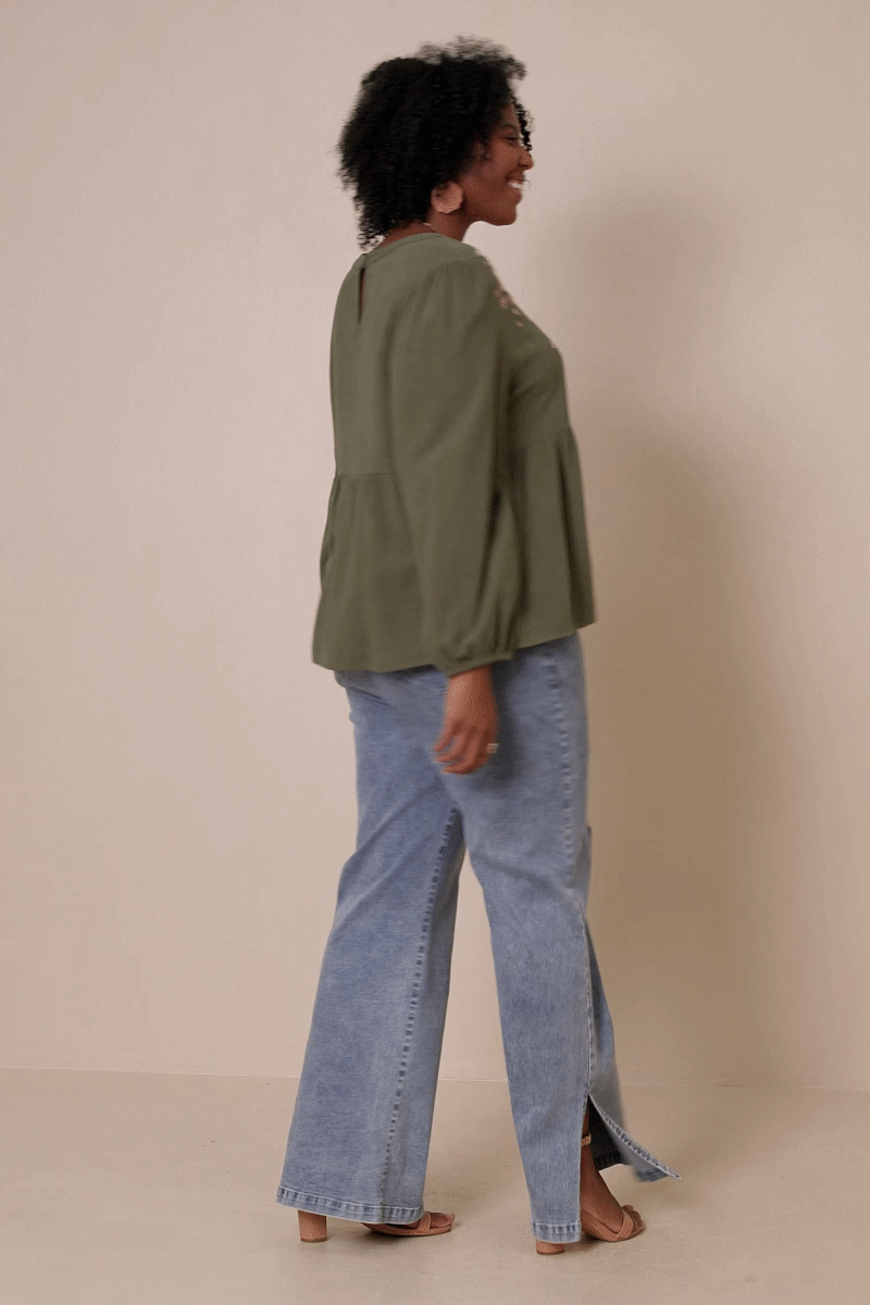 Plus Angela Embroidered Peplum Top - Olive