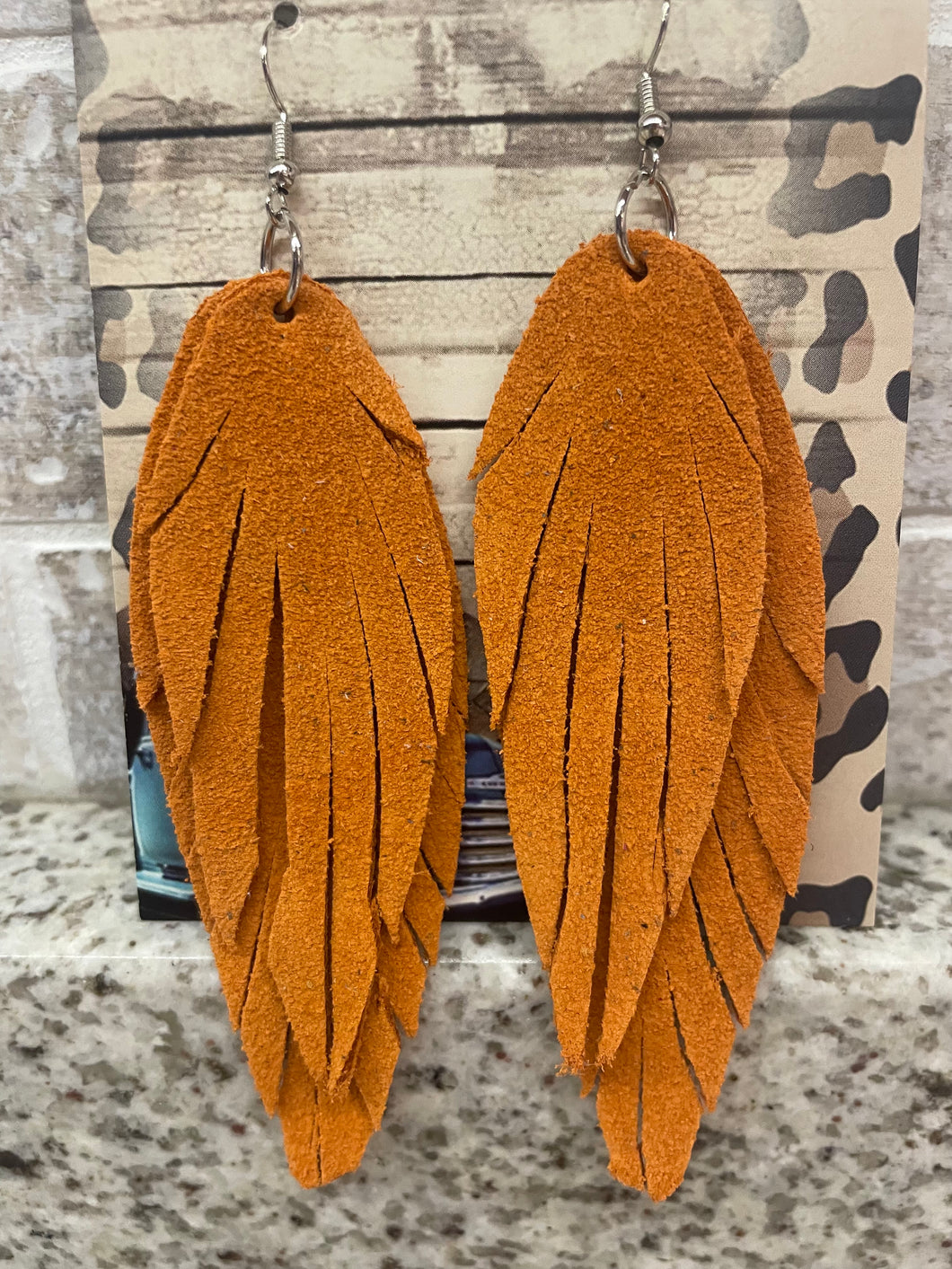 Suede Feather Earrings - Pumpkin Orange