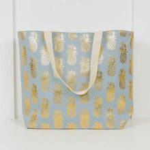 Load image into Gallery viewer, Pineapple Beach Bag/Summer Tote Dusty Blue &amp; Gold Foil
