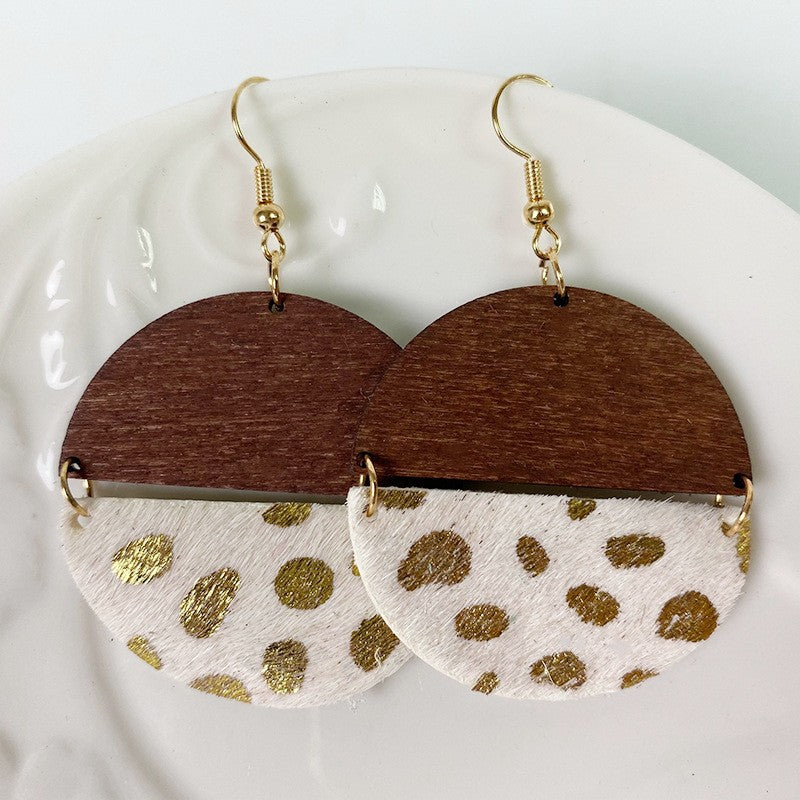 Leather & Wood White With Gold Dot Earrings