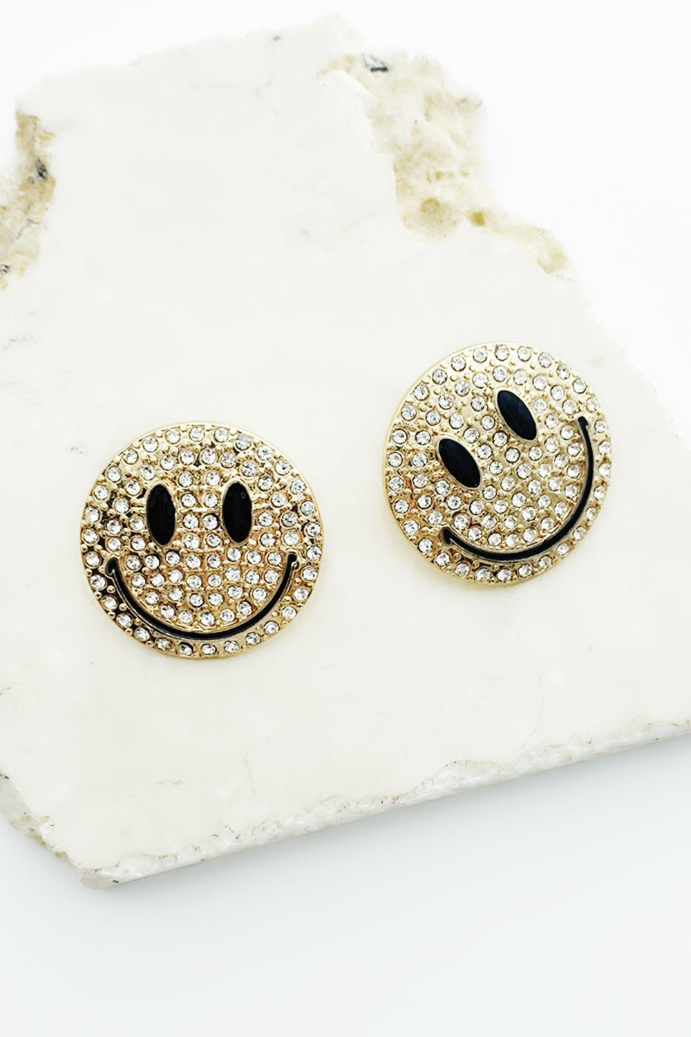 Rhinestone & Gold Smiley Face Stud Earrings