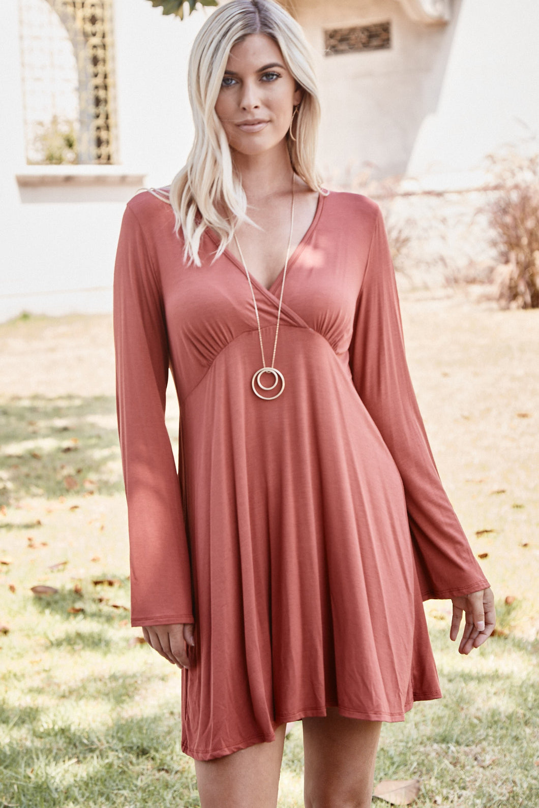 Harlow Solid Dress With Bell Sleeves - Marsala